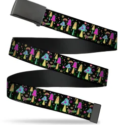 Black Buckle Web Belt - Mushroom SHROOMY Garden Black/Multi Color Webbing