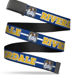 Black Buckle Web Belt - RIVERDALE/Bulldog Mascot Stripe Blue/White/Yellow Webbing