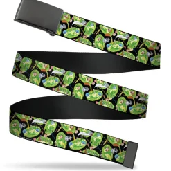 Black Buckle Web Belt - Rick and Morty Portal Multi Character Scattered Black/Green Webbing