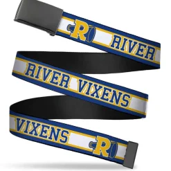 Black Buckle Web Belt - RIVER VIXENS/Cheer Logo Stripe Blue/White/Yellow Webbing