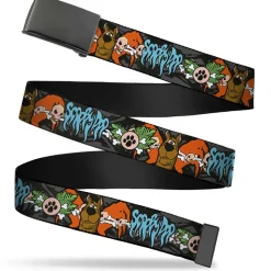 Black Buckle Web Belt - SCOOBY DOO Face/Paw & Crossbones Gray/Black/Orange/Blue Webbing