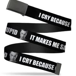 Black Buckle Web Belt - Sheldon I CRY BECAUSE OTHERS ARE STUPID/THAT MAKES ME SAD Black/White Webbing