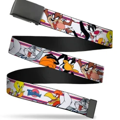 Black Buckle Web Belt - Space Jam TUNE SQUAD 6-Player Poses Stripe White/Red/Blue Webbing