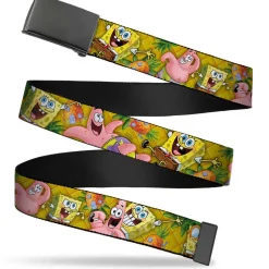 Black Buckle Web Belt - SpongeBob & Patrick Starfish Poses Pineapple Gold Webbing