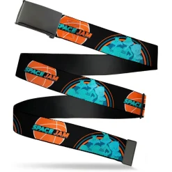 Black Buckle Web Belt - SPACE JAM 2 Basketball Logo and Tune Squad 3-Character Group Pose Black/Blues/Orange Webbing