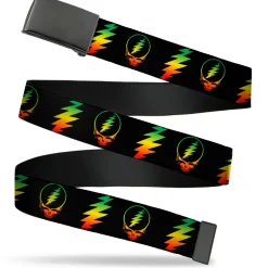 Black Buckle Web Belt - Steal Your Face w/Lightning Bolt Repeat Black/Rasta Webbing
