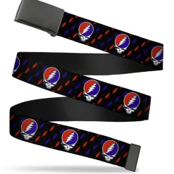 Black Buckle Web Belt - Steal Your Face Repeat w/Mini Lightning Bolt Black/Red/White/Blue Webbing
