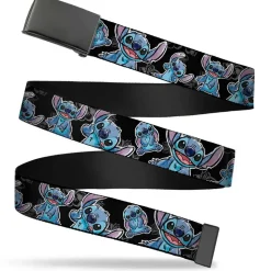 Black Buckle Web Belt - Stitch Poses/Hibiscus Sketch Black/Gray/Blue Webbing
