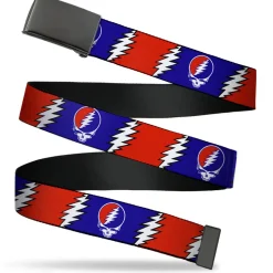 Black Buckle Web Belt - Steal Your Face w/Lightning Bolt Repeat Red/White/Blue Webbing