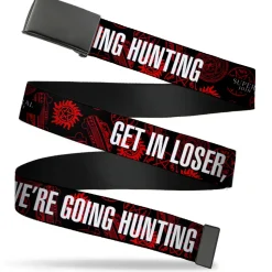 Black Buckle Web Belt - Supernatural GET IN LOSER, WE'RE GOING HUNTING/Symbols Scattered Black/Red/White Webbing