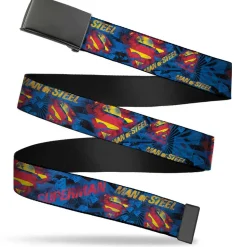 Black Buckle Web Belt - SUPERMAN MAN OF STEEL Shield Collage/Rays Black/Blues/Reds/Yellows Webbing