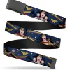 Black Buckle Web Belt - Wonder Woman 3-Poses/WW Logo/Stars Blue/Yellow/White Webbing
