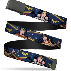 Black Buckle Web Belt - Wonder Woman 3-Poses/WW Logo/Stars Blue/Yellow/White Webbing