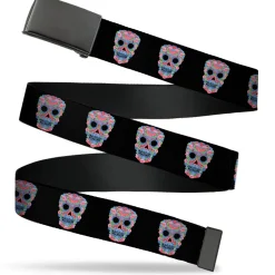 Black Buckle Web Belt - Wonder Woman Floral Skull Black/Multi Pastel Webbing