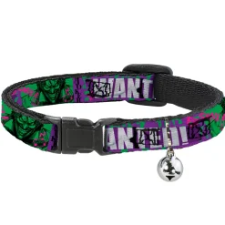Breakaway Cat Collar with Bell - THE JOKER WANTED Smiling Pose and Graffiti Purples/Greens