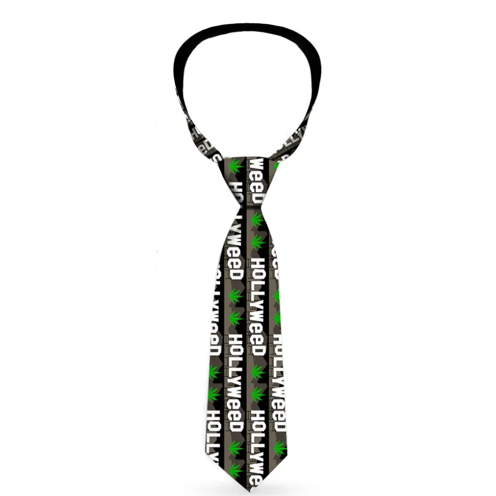Buckle-Down Necktie - HOLLYWEED Sign Skyline/Pot Leaf Black/Grays/White/Green