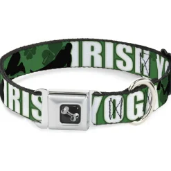 Buckle-Down Seatbelt Buckle Dog Collar - IRISH YOGA Poses/Clovers Greens/Black/White