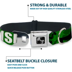 Buckle-Down Seatbelt Buckle Dog Collar - IRISH YOGA Poses/Clovers Greens/Black/White