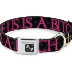 Buckle-Down Seatbelt Buckle Dog Collar - ONE OF US IS A BITCH Crown/Paws Black/Gray/Pink