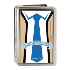Business Card Holder - LARGE - Supernatural Castiel Tie ALWAYS HAPPY TO BLEED Quote FCG