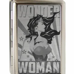 Business Card Holder - LARGE - WONDER WOMAN Pose Stars & Rays Brushed Silver