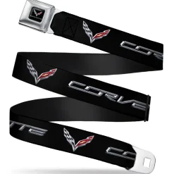 C7 Full Color Black Seatbelt Belt - CORVETTE/C7 Logo Black/Silver/Red Webbing