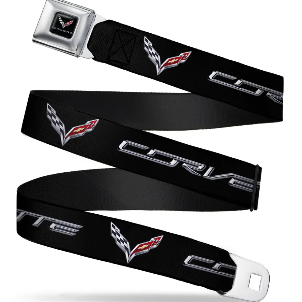 C7 Full Color Black Seatbelt Belt - CORVETTE/C7 Logo Black/Silver/Red Webbing