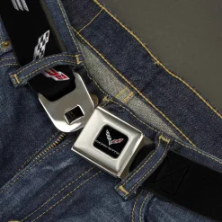 C7 Full Color Black Seatbelt Belt - CORVETTE/C7 Logo Black/Silver/Red Webbing
