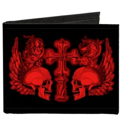 Canvas Bi-Fold Wallet - BD Skulls w Wings Black Red