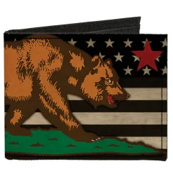 Canvas Bi-Fold Wallet - Cali Bear Star US Flag Stretch Black White Red