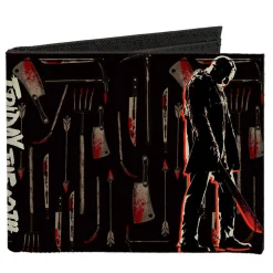 Canvas Bi-Fold Wallet - FRIDAY THE 13TH Jason Machete Pose Bloody Tools Black Grays Reds