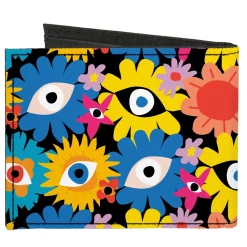 Canvas Bi-Fold Wallet - Funky Eye Flowers Black/Multi Color