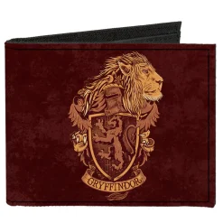 Canvas Bi-Fold Wallet - GRYFFINDOR Lion Crest + DETERMINATION BRAVERY COURAGE Banner Burgundy Reds Golds