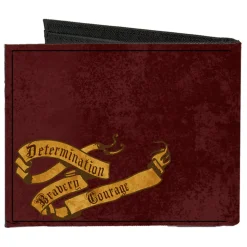 Canvas Bi-Fold Wallet - GRYFFINDOR Lion Crest + DETERMINATION BRAVERY COURAGE Banner Burgundy Reds Golds