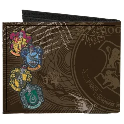 Canvas Bi-Fold Wallet - HOGWARTS Symbols Collage House Badges Browns Multi Color