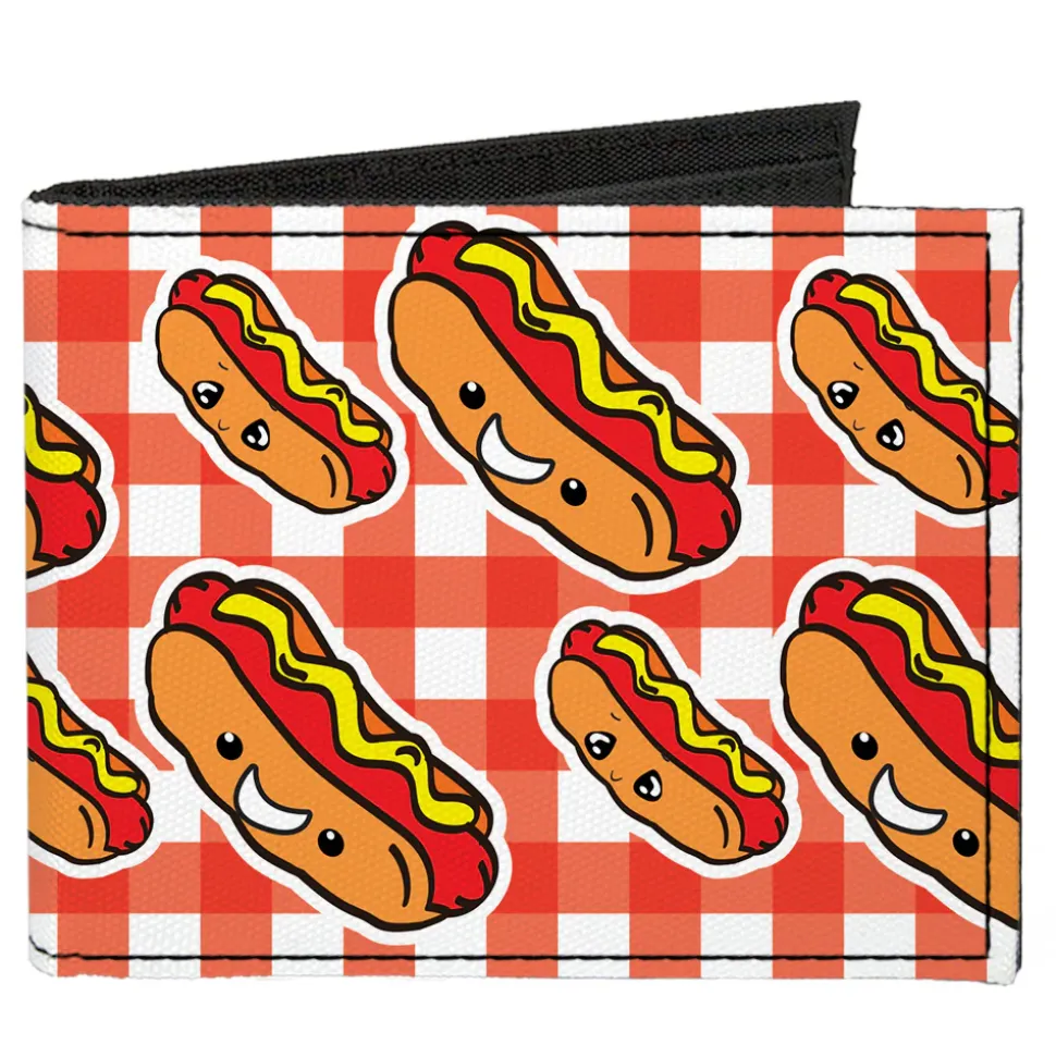 Canvas Bi-Fold Wallet - Hot Dogs Buffalo Plaid White Red