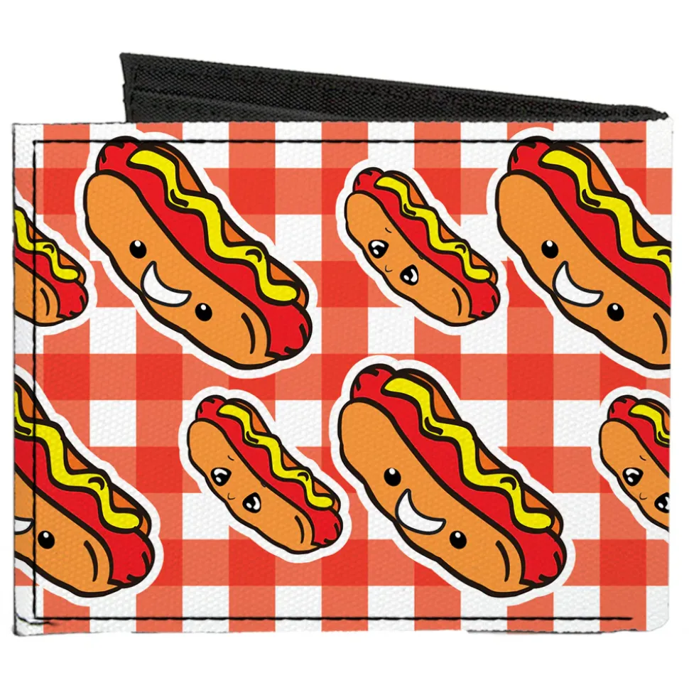 Canvas Bi-Fold Wallet - Hot Dogs Buffalo Plaid White Red