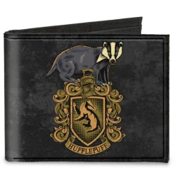 Canvas Bi-Fold Wallet - HUFFLEPUFF Badger Crest + DEDICATION PATIENCE LOYALTY Banner Grays Golds