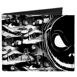 Canvas Bi-Fold Wallet - Jack Expression13 CLOSE-UP Halloween Town Scenes Black White Grays