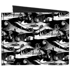 Canvas Bi-Fold Wallet - Jack Expression13 CLOSE-UP Halloween Town Scenes Black White Grays