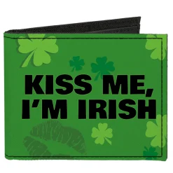 Canvas Bi-Fold Wallet - KISS ME, I'M IRISH! Clovers Kisses Greens Black
