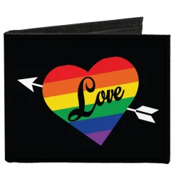 Canvas Bi-Fold Wallet - LOVE Rainbow Stripe Heart Black Multi Color