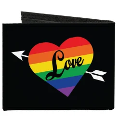 Canvas Bi-Fold Wallet - LOVE Rainbow Stripe Heart Black Multi Color