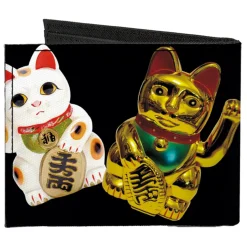 Canvas Bi-Fold Wallet - Maneki Neko Lucky Cats Gold Black White