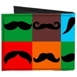 Canvas Bi-Fold Wallet - Mustaches Multi Color Blocks Black