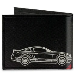 Canvas Bi-Fold Wallet - Mustang Tri-Bar Logo Diagonal Stripe Blueprint Black Red White Blue