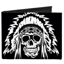 Canvas Bi-Fold Wallet - Native American Skull Black White