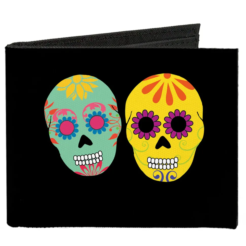 Canvas Bi-Fold Wallet - Painted Sugar Skulls Black Multi Color