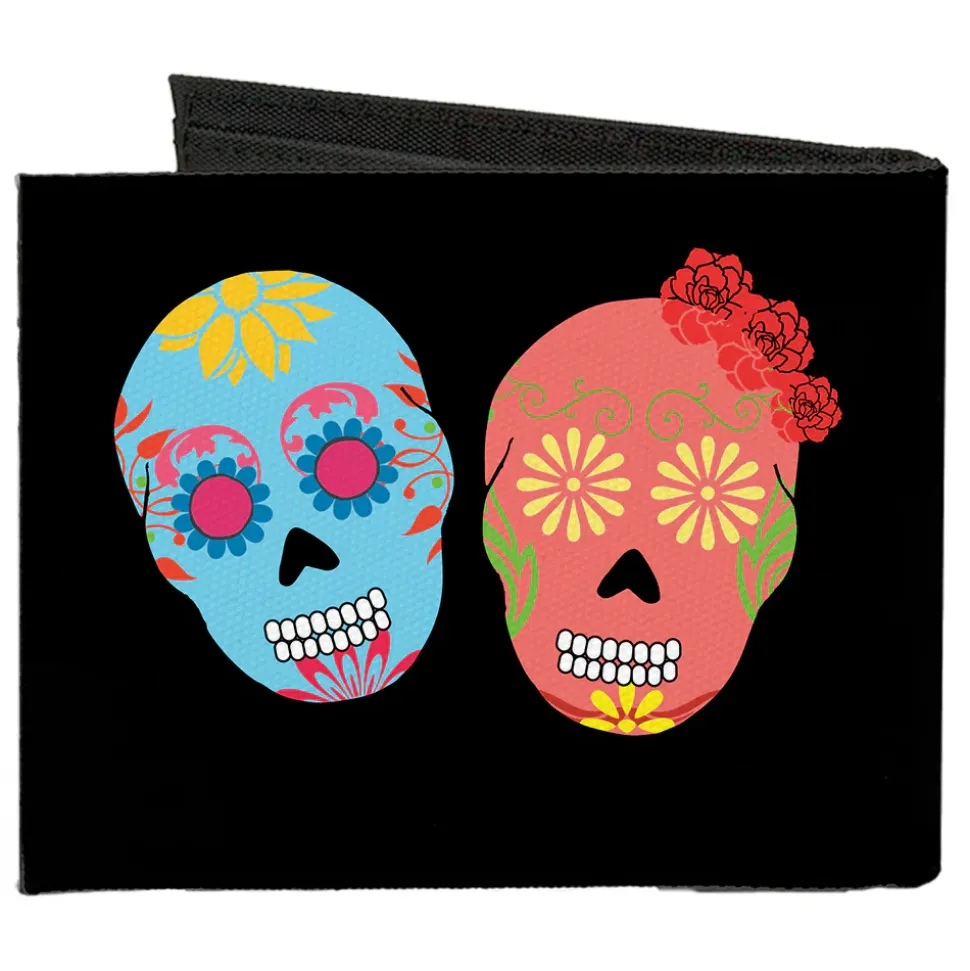 Canvas Bi-Fold Wallet - Painted Sugar Skulls Black Multi Color