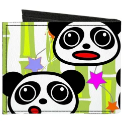 Canvas Bi-Fold Wallet - Panda Bear Cartoon Bamboo White Greens Multi Color